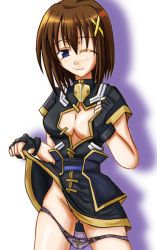 Rule 34 | 00s, 1girl, breasts, cleavage, cleavage cutout, clothes lift, clothing cutout, hair ornament, lyrical nanoha, mahou shoujo lyrical nanoha, mahou shoujo lyrical nanoha strikers, medium breasts, one eye closed, open clothes, open shirt, shirt, skirt, skirt lift, solo, wink, x hair ornament, yagami hayate, zinno
