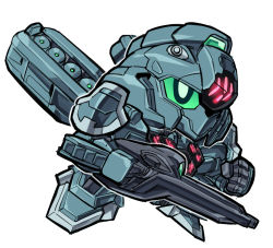 Rule 34 | chibi, clenched hand, commission, glowing, green eyes, gun, gundam, gundam lfrith pre-production model, gundam suisei no majo, highres, holding, holding gun, holding weapon, mecha, mobile suit, no humans, pillar buster, robot, sd gundam, solo, weapon, white background