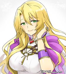 Rule 34 | 1girl, blonde hair, bracelet, breasts, cape, dress, fire emblem, fire emblem: the blazing blade, green eyes, hair between eyes, hand in own hair, jewelry, large breasts, long hair, looking at viewer, nintendo, saint elimine (fire emblem), simple background, smile, solo, upper body, white background, white dress, yukia (firstaid0)
