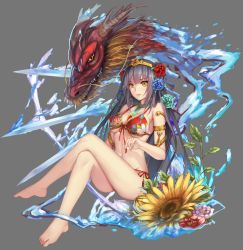 Rule 34 | 1girl, armlet, bare shoulders, barefoot, bikini, blue flower, blue rose, breasts, choker, closed mouth, commentary request, crossed legs, dragon, fingernails, flower, green flower, green necktie, green rose, grey background, highres, ice, invisible chair, kai-ri-sei million arthur, large breasts, long hair, looking at viewer, million arthur (series), musyne xsk, nail polish, navel, necktie, official art, pink nails, red bikini, red flower, red rose, rose, side-tie bikini bottom, silver hair, simple background, sitting, solo, sunflower, swimsuit, sword, tiara, weapon, yellow eyes