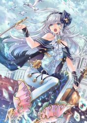 Rule 34 | 1girl, bare shoulders, bird, blue eyes, boots, cape, cloud, day, force of will, full body, hairband, high heel boots, high heels, instrument, j-peg, long hair, official art, open mouth, sitting, sky, sparkle, teeth, violin, white hair