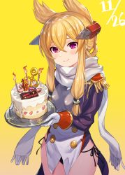 Rule 34 | 1girl, akanagi youto, anchor, azur lane, black panties, blonde hair, blush, breasts, cake, candle, commentary request, cowboy shot, dated, epaulettes, fire, fire, food, gloves, gradient background, hair between eyes, happy birthday, headgear, highres, holding, holding food, long hair, long sleeves, looking at viewer, panties, pointy hair, purple eyes, scarf, side-tie panties, sidelocks, small breasts, smile, solo, standing, underwear, union jack, warspite (azur lane), white gloves, white scarf, yellow background