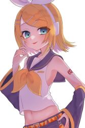 Rule 34 | 1girl, aqua eyes, arched back, bare shoulders, belt, belt buckle, blonde hair, bow, breasts, buckle, crop top, detached sleeves, hair bow, hair ornament, hairclip, half-closed eyes, hand on own hip, headphones, headset, highres, kagamine rin, light blush, midriff, narrow waist, navel, neckerchief, necktie, nnc225, number tattoo, orange belt, purple sailor collar, purple shorts, purple sleeves, sailor collar, shirt, short hair, shorts, shoulder tattoo, skinny, sleeveless, sleeveless shirt, small breasts, smile, solo, swept bangs, tattoo, teasing, tongue, tongue out, treble clef, tsurime, two-tone belt, vocaloid, white bow, wide sleeves, yellow belt, yellow nails, yellow neckerchief, yellow necktie
