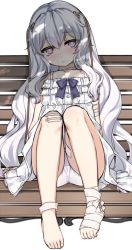 Rule 34 | 1girl, bad id, bad pixiv id, bandaged foot, bandages, bandaid, bandaid on knee, bandaid on leg, bare shoulders, blush, closed mouth, collarbone, commentary, dress, female focus, full body, girls&#039; frontline, hair between eyes, hair ornament, head tilt, long hair, looking at viewer, nose blush, on bench, panties, purple eyes, ribeyrolles (girls&#039; frontline), silver hair, simple background, sitting, sleeveless, sleeveless dress, solo, tama (tamatamo), toenails, underwear, very long hair, white background, white dress, white panties