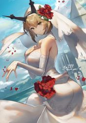 Rule 34 | 1girl, ass, bare shoulders, breasts, bridal veil, brown hair, closed mouth, commission, day, dress, flipped hair, flower, from side, green eyes, hair flower, hair ornament, hand on own chest, headgear, jewelry, kantai collection, large breasts, looking at viewer, mutsu (kancolle), ocean, outdoors, ring, scottie (phantom2), short hair, signature, skeb commission, sky, smile, solo, twisted torso, veil, wedding band, wedding dress, white dress