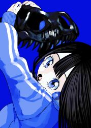 Rule 34 | 1girl, animal skull, arms up, black hair, blue background, blue eyes, blue jacket, blue theme, blunt bangs, double vertical stripe, fingernails, from behind, headgear, highres, holding, jacket, long hair, long sleeves, looking at viewer, looking back, open mouth, original, simple background, solo, straight hair, upper body, urokogaran