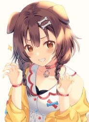 Rule 34 | animal ears, blush, bone, bone hair ornament, braid, brown eyes, brown hair, claw pose, collar, dog ears, hair ornament, hololive, inugami korone, inugami korone (1st costume), jacket, looking at viewer, off shoulder, open clothes, open jacket, red collar, red wristband, shirt, simple background, sleeveless, sleeveless shirt, solo, teeth, toujou mina, upper body, virtual youtuber, white background, white shirt, yellow jacket