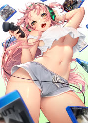 Rule 34 | 1girl, :d, bare shoulders, blush, breasts, commentary request, contrapposto, controller, crop top, crop top overhang, drawstring, from below, game controller, gamepad, gradient background, hand on headphones, hand on own head, hands up, head tilt, headphones, long hair, masami chie, medium breasts, midriff, navel, no bra, open mouth, original, pink hair, playstation controller, shirt, short shorts, shorts, sleeveless, sleeveless shirt, smile, solo, stomach, strap slip, tank top, thighs, underboob, upshirt, upshorts, uvula, very long hair, video game, white background, white shirt, yellow eyes