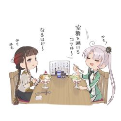 Rule 34 | 2girls, ahoge, akitsushima (kancolle), black eyes, black hair, braid, breast pocket, brown hair, brown skirt, buttons, chair, collared shirt, commentary request, double-breasted, food, gradient hair, grey hair, hair ornament, hair ribbon, highres, kantai collection, long hair, long sleeves, military, military uniform, miniskirt, multicolored hair, multiple girls, notepad, pencil, pleated skirt, pocket, pudding, ribbon, shirt, side ponytail, sidelocks, simple background, single braid, sitting, skirt, spoon, table, translation request, uniform, white background, yamashichi (mtseven), yamashio maru (kancolle)
