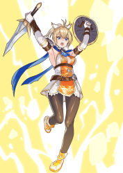 Rule 34 | 1girl, armor, belt, blonde hair, blue eyes, blue scarf, brown pantyhose, cassandra alexandra, cleavage cutout, clothing cutout, commentary request, elbow gloves, gloves, hair ribbon, highres, multiple belts, namco, pantyhose, pauldrons, ponytail, ribbon, scarf, shield, short sword, shoulder armor, single pauldron, skirt, solo, soul calibur, soulcalibur, soulcalibur vi, sword, weapon, yagi2013