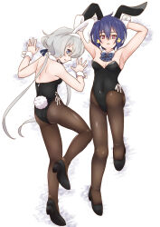 Rule 34 | 2girls, animal ears, armpits, arms up, ass, back, black leotard, blue eyes, blue hair, breasts, cleavage, covered navel, fake animal ears, flower hair ornament, full body, hair ornament, high heels, highres, knee up, konno junko, leotard, long hair, looking at viewer, looking back, low twintails, medium breasts, mizuno ai, multiple girls, pantyhose, playboy bunny, rabbit ears, red eyes, short hair, shoulder blades, small breasts, soumanantoka, twintails, white background, white hair, wrist cuffs, zombie land saga
