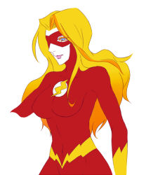 Rule 34 | 1girl, artist request, blonde hair, blue eyes, bodysuit, breasts, closed mouth, collarbone, dc comics, facing to the side, female focus, flash, flash (series), formal, jesse quick, lightning, lightning bolt symbol, long hair, looking to the side, mask, multicolored bodysuit, multicolored clothes, red bodysuit, red hair, red mask, red suit, simple background, solo, source request, standing, suit, superhero costume, white background, yellow bodysuit, yellow suit