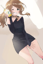 Rule 34 | 1girl, assault lily, bare shoulders, black dress, blush, breasts, brown background, brown hair, collarbone, cup, cup to cheek, disposable cup, dress, drinking straw, dutch angle, feet out of frame, fingernails, frappuccino, grey hair, grin, hand on own thigh, hand up, holding, holding cup, iijima renka, long hair, long sleeves, looking at viewer, low ponytail, medium breasts, one eye closed, ribbed sweater, side ponytail, single-shoulder sweater, single strap, smile, solo, standing, sweater, sweater dress, swept bangs, two-tone background, v-shaped eyebrows, white background, youmtk1714