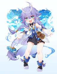 Rule 34 | 1girl, :3, absurdres, ahoge, bailu (honkai: star rail), blue eyes, blue hair, braid, child, detached sleeves, dragon girl, dragon horns, dragon tail, dress, fang, gourd, hair between eyes, highres, honkai: star rail, honkai (series), horns, long hair, long sleeves, looking at viewer, mengxin huazha, open mouth, pointy ears, shoes, smile, solo, standing, tail, thighs, twin braids, water