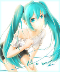 Rule 34 | 1girl, absurdres, aqua eyes, aqua hair, bad id, bad pixiv id, bare shoulders, breasts, female focus, gradient background, happy birthday, hatsune miku, highres, lancefate, leaning forward, long hair, pointing, solo, twintails, very long hair, vocaloid, white background