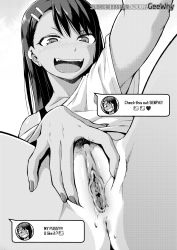 Rule 34 | 1girl, anus, anus peek, armpits, blush, chat log, dark-skinned female, dark skin, earclip, english text, fangs, fingernails, geewhy, greyscale, hair ornament, hairclip, highres, ijiranaide nagatoro-san, long hair, monochrome, nagatoro hayase, off-shoulder shirt, off shoulder, one-piece tan, open mouth, outstretched arm, pov, pov crotch, pussy, pussy juice, selfie, shirt, solo, spread legs, spread pussy, t-shirt, tan, tanline, text messaging, uncensored, watermark, web address