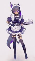 Rule 34 | 1girl, animal ears, belt, black bow, black bowtie, black gloves, black hair, black thighhighs, blush, bow, bowtie, collar, full body, gloves, hand on own hip, highres, holding, holding tray, looking at viewer, maid, maid headdress, mogmogyasai, original, puffy short sleeves, puffy sleeves, purple eyes, short sleeves, simple background, spiked collar, spikes, tail, teapot, thighhighs, tray, white background