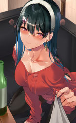 Rule 34 | 1girl, back cutout, black hair, black pantyhose, blush, bottle, breasts, cleavage, closed mouth, clothing cutout, collarbone, drunk, earrings, eel mizue, gold earrings, hair between eyes, hairband, highres, jewelry, kneeling, large breasts, long hair, looking at viewer, pantyhose, pov, red eyes, red sweater, shirt tug, solo, spy x family, straight hair, sweater, swept bangs, white hairband, yor briar