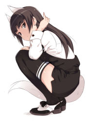 Rule 34 | 1girl, anabuki tomoko, animal ears, black eyes, black thighhighs, brown hair, earrings, em (totsuzen no hakike), full body, highres, jewelry, long hair, saddle shoes, shoes, solo, squatting, strike witches, tail, thighhighs, white background, world witches series