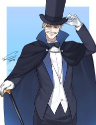 Rule 34 | 1boy, adjusting clothes, adjusting headwear, black bow, black bowtie, black cape, black hat, black jacket, black pants, blue background, blue eyes, border, bow, bowtie, cane, cape, commentary, english commentary, facial hair, fate/grand order, fate (series), gloves, grey hair, hat, highres, jacket, james moriarty (archer) (fate), male focus, monocle, mustache, pants, signature, solo, toni nguyen, top hat, tuxedo, white border, white gloves
