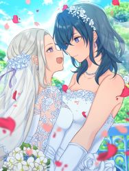 Rule 34 | 2girls, bare shoulders, bead necklace, beads, blue eyes, blue sky, blurry, bouquet, bridal veil, byleth (female) (fire emblem), byleth (fire emblem), cloud, day, depth of field, dress, earrings, edelgard von hresvelg, elbow gloves, eye contact, female focus, fire emblem, fire emblem: three houses, flower, gloves, green hair, highres, hoshido1214, jewelry, long hair, looking at another, medium hair, multiple girls, necklace, nintendo, outdoors, petals, purple eyes, silver hair, sky, smile, upper body, veil, wedding dress, white dress, white gloves, wife and wife, yuri
