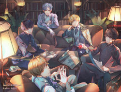Rule 34 | 5boys, absurdres, alcohol, bai qi (love and producer), blonde hair, blue eyes, book, bookshelf, briefcase, brown eyes, brown hair, chinese clothes, couch, cup, drinking glass, earrings, formal, gloves, highres, holding, holding cup, holding pen, jewelry, lamp, leaning forward, li zeyan, ling xiao, long sleeves, looking at viewer, love and producer, monocle, multiple boys, necktie, paper, pen, polo shirt, purple eyes, purple hair, rabbitcamilla, shirt, short hair, sitting, table, teacup, vest, white gloves, white necktie, white shirt, white vest, wine, wine glass, xu mo, yellow eyes, zhou quiluo