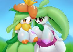 Rule 34 | 2girls, arm around shoulder, arm up, blue background, blue sky, breasts, creatures (company), crown, day, dibujosv12, eyes visible through hair, female focus, game freak, gen 5 pokemon, gen 7 pokemon, grass, green hair, highres, large breasts, lilligant, long hair, looking down, multiple girls, nintendo, nipples, no humans, open mouth, orange eyes, outdoors, pink eyes, pokemon, pokemon (creature), pokemon bw, pokemon sm, shiny skin, simple background, sky, smile, standing, steenee, teeth
