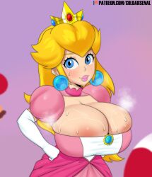 Rule 34 | 1girl, areola slip, artist name, blonde hair, blue eyes, blue gemstone, blush, breasts, brooch, bursting breasts, cleavage, closed mouth, coldarsenal, crown, dress, earrings, elbow gloves, eyelashes, gem, gloves, hands on own hips, highres, huge breasts, jewelry, large areolae, lips, long hair, looking at viewer, mario, mario (series), nintendo, patreon username, pink dress, pink lips, princess, princess peach, puffy short sleeves, puffy sleeves, purple background, short sleeves, simple background, smile, solo focus, steaming body, sweat, taut clothes, taut dress, the super mario bros. movie, thick lips, toad (mario), upper body, white dress, white gloves