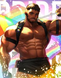 1boy abs alex_(cerealex) bara bare_pectorals beard_stubble chest_harness chris_redfield cowboy_shot facial_hair flag gay_male_pride_flag_gradient grin harness highres holding holding_flag large_pectorals lgbt_pride looking_at_viewer male_focus mature_male muscular muscular_male navel navel_hair nipples pectorals pride_month progress_pride_flag rainbow_flag resident_evil short_hair shredded_muscles smile solo standing stomach stubble thick_eyebrows