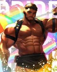 Rule 34 | 1boy, abs, alex (cerealex), bara, bare pectorals, beard stubble, chest harness, chris redfield, cowboy shot, facial hair, flag, gay male pride flag gradient, grin, harness, highres, holding, holding flag, large pectorals, lgbt pride, looking at viewer, male focus, mature male, muscular, muscular male, navel, navel hair, nipples, pectorals, pride month, progress pride flag, rainbow flag, resident evil, short hair, shredded muscles, smile, solo, standing, stomach, stubble, thick eyebrows