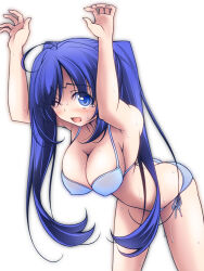 Rule 34 | 1girl, arms up, bikini, blue bikini, blue eyes, blue hair, blush, breasts, cleavage, commentary request, cowboy shot, frown, halterneck, invisible wall, kikuchi tsutomu, large breasts, leaning forward, long hair, looking at viewer, one eye closed, open mouth, original, side-tie bikini bottom, simple background, solo, standing, sweat, swimsuit, tearing up, twintails, wet, white background