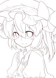 Rule 34 | 1girl, absurdres, ariyoshi gen, bad id, bad pixiv id, collared shirt, embodiment of scarlet devil, face, female focus, flandre scarlet, greyscale, hair between eyes, hat, highres, lineart, mob cap, monochrome, shirt, short hair, side ponytail, smile, solo, touhou