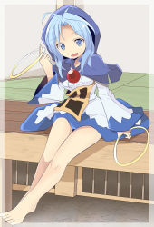 Rule 34 | 1girl, bare legs, barefoot, blue eyes, blue hair, breasts, capelet, dress, highres, hood, indoors, jewelry, kumoi ichirin, legs, long sleeves, looking at viewer, matching hair/eyes, mukuroi, open mouth, pendant, short dress, short hair, sitting, small breasts, solo, spinning, tatami, toes, touhou, white dress, wide sleeves