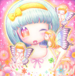 Rule 34 | 4girls, blue hair, blush, butterfly wings, closed eyes, fairy, flower, hairband, heart, insect wings, kiss, kissing cheek, leica, multiple girls, nude, one eye closed, open mouth, original, raika-chan, wings, wink