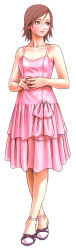 Rule 34 | 1girl, absurdres, bare shoulders, brown hair, casual, dress, earrings, frills, full body, green eyes, highres, jewelry, long image, own hands together, pink dress, short hair, simple background, solo, standing, stud earrings, tall image, white background, wild flower, yamashita shun&#039;ya