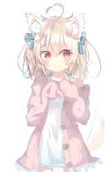Rule 34 | 1girl, animal ears, blonde hair, cardigan, dress, fang, fang out, frilled dress, frills, hair ribbon, momose tsugumi, off shoulder, open cardigan, open clothes, original, pink eyes, ribbon, short hair, simple background, smile, solo, tail, white background