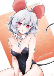 Rule 34 | 1girl, :o, absurdres, animal ears, bare legs, black leotard, breasts, cleavage, commentary request, covered navel, crystal necklace, detached collar, grey hair, highres, leotard, mouse ears, mouse girl, mouse tail, nazrin, open mouth, red eyes, short hair, sitting, small breasts, solo, strapless, strapless leotard, tail, touhou