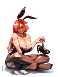 Rule 34 | 1girl, animal ears, black footwear, black leotard, bow, bowtie, breasts, cleavage, closed eyes, crossed legs, detached collar, feet, full body, high heels, highres, hong meiling, koyubi (littlefinger1988), large breasts, leotard, long hair, playboy bunny, rabbit ears, red bow, red bowtie, red hair, signature, simple background, sitting, smile, solo, touhou, white background, wrist cuffs