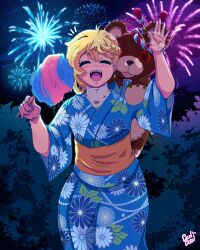 Rule 34 | 1boy, benbeau, blonde hair, blush, bridget (guilty gear), bush, closed eyes, cotton candy, cowboy shot, crossdressing, earrings, fireworks, guilty gear, happy, highres, japanese clothes, jewelry, kimono, long sleeves, male focus, night, night sky, open mouth, outdoors, sky, smile, solo, standing, stuffed toy, yukata