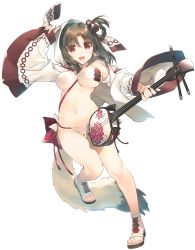 Rule 34 | 1girl, ainu clothes, animal ears, aquaplus, braid, breasts, cleavage, cleavage cutout, clothing cutout, curvy, full body, guitar, hair between eyes, hair ornament, highres, instrument, inui (utawarerumono), large breasts, leg up, long sleeves, looking at viewer, medium hair, midriff, mitsumi misato, official art, open mouth, sandals, sidelocks, solo, standing, swimsuit, tail, teeth, thighs, utawarerumono, utawarerumono: lost flag