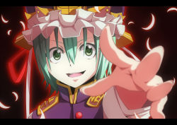 Rule 34 | 1girl, anime coloring, bad id, bad pixiv id, bisuke (k step2009), colored eyelashes, constricted pupils, detached sleeves, epaulettes, female focus, foreshortening, green eyes, green hair, hat, k step2009, letterboxed, looking at viewer, matching hair/eyes, open mouth, outstretched hand, ribbon, shiki eiki, short hair, smile, solo, touhou
