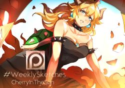Rule 34 | 1girl, armlet, bare shoulders, black collar, black dress, blonde hair, blue eyes, bowsette, breasts, cherry in the sun, collar, commentary, crown, dress, earrings, english commentary, gender request, genderswap, horns, jewelry, long hair, mario (series), medium breasts, nintendo, parted lips, patreon logo, pointy ears, sharp teeth, skirt, solo, spiked armlet, spiked collar, spiked shell, spikes, strapless, strapless dress, super crown, teeth, turtle shell