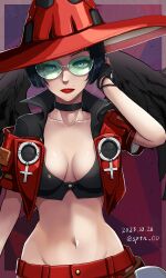 Rule 34 | 1girl, absurdres, black choker, black hair, black wings, breasts, choker, cleavage, feathered wings, fingerless gloves, gloves, green-tinted eyewear, guilty gear, guilty gear strive, hat, highres, i-no, large breasts, looking at viewer, mole, mole above mouth, navel, red headwear, red leather, red lips, short hair, sptn 00, sunglasses, tinted eyewear, venus symbol, wings, witch hat