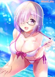 Rule 34 | 1girl, adapted costume, bent over, bikini, breasts, cleavage, collarbone, commentary request, day, fate/grand order, fate (series), feet out of frame, glasses, gluteal fold, hair over one eye, horizon, izumi akane, large breasts, leaning forward, lens flare, light rays, looking at viewer, mash kyrielight, mash kyrielight (swimsuit of perpetual summer), navel, ocean, official alternate costume, open mouth, outdoors, purple-framed eyewear, purple eyes, purple hair, short hair, side-tie bikini bottom, smile, solo, sunbeam, sunlight, swimsuit, twitter username, white bikini