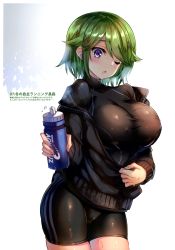 Rule 34 | 1girl, absurdres, blue eyes, blush, breasts, fingernails, green hair, hand up, highres, holding, large breasts, long sleeves, looking at viewer, one eye closed, open mouth, original, purple eyes, sanshoku amido, shiny clothes, shiny skin, shorts, simple background, solo, turtleneck, zipper, zipper pull tab