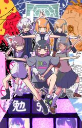 6+girls baka_janai_noni_(zutomayo) black_bustier black_choker black_footwear black_hair black_shirt black_shorts black_skirt blonde_hair blue_dress blue_eyes blue_hair blue_sky blush_stickers boots brown_footwear byoushin_wo_kamu_(zutomayo) choker clock closed_mouth cloud cloudy_sky colored_inner_hair disco_ball dress dress_shirt earrings gloves green_necktie grey_hair grey_shirt hair_ornament hairpin haze_haseru_haterumade_(zutomayo) headgear highres jacket jewelry kannsaete_kuyasiiwa_(zutomayo) long_sleeves milabo_(zutomayo) multicolored_hair multiple_girls necktie nira-chan nira-chan_(baka_janai_noni)_(zutomayo) nira-chan_(byoushin_wo_kamu)_(zutomayo) nira-chan_(haze_haseru_haterumade)_(zutomayo) nira-chan_(kannsaete_kuyasiiwa)_(zutomayo) nira-chan_(milabo)_(zutomayo) nira-chan_(obenkyou_shitoiteyo)_(zutomayo) obenkyou_shitoiteyo open_mouth orange_eyes orange_hair outstretched_arms pink_hair road_sign sailor_collar school_uniform serafuku shirt shoes short_sleeves shorts sign skirt sky sleeveless sleeveless_dress smile socks streaked_hair sukajan sunglasses two-tone_eyes uniguri_(zutomayo) wawarin white-framed_eyewear white_dress white_footwear white_gloves white_hair white_sailor_collar white_shirt white_socks yellow_eyes zutto_mayonaka_de_ii_no_ni