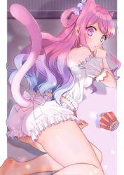 Rule 34 | 1girl, absurdres, animal ears, ass, bare shoulders, bloomers, blouse, blush, camisole, candy hair ornament, cat ears, cat girl, cat tail, clothing cutout, crown, unworn crown, detached sleeves, embarrassed, food-themed hair ornament, frilled camisole, frilled shirt, frills, from behind, gradient hair, green eyes, hair ornament, hair rings, heterochromia, highres, himemori luna, hololive, huge filesize, kabi akaru, long hair, looking at viewer, lying, multicolored hair, off-shoulder shirt, off shoulder, on stomach, one side up, parted lips, pink hair, purple eyes, purple hair, shirt, solo, tail, tail through clothes, thighs, underwear, underwear only, virtual youtuber, wavy hair, white bloomers, white shirt