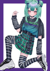 Rule 34 | 1girl, absurdres, air max 95, aqua hair, arm warmers, bad id, bad pixiv id, belt, bow, bug, butterfly, chain necklace, choker, cross, cross necklace, double bun, earrings, eva 01, eyelashes, fang, goth fashion, hair bow, hair bun, hair ornament, highres, hololive, insect, jewelry, kmgrru, kneeling, nail art, necklace, neon genesis evangelion, nike (company), orange eyes, plaid, plaid skirt, punkish gothic, shoes, simple background, skin fang, skirt, skull earrings, skull hair ornament, skull necklace, sneakers, solo, striped clothes, striped thighhighs, thighhighs, uruha rushia, virtual youtuber, x hair ornament, zettai ryouiki