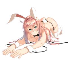 Rule 34 | 1girl, absurdres, all fours, animal ears, ass, blush, breasts, danfer3, green eyes, highres, long hair, looking at viewer, pink hair, rabbit ears, rabbit tail, smile, solo, tail, transparent background