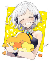 Rule 34 | :d, absurdres, bare shoulders, black bow, black shirt, bow, breasts, closed eyes, collared shirt, facing viewer, flower, hair bow, hair flower, hair ornament, happy, head tilt, heart, highres, holding, large breasts, open mouth, shirt, signature, sleeveless, sleeveless shirt, smile, sogawa, solo, virtual youtuber, white hair, wing collar, yellow background, yuzuha (channel), yuzuha (yuzuha virtual)
